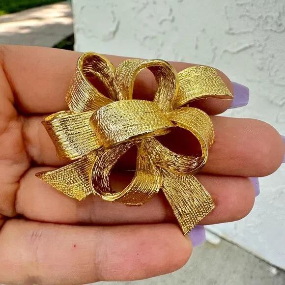 Vintage Jewelry 90s Gold Classic Ribbon Carolina gold brooch Bow Brooch - Picture 7 of 8
